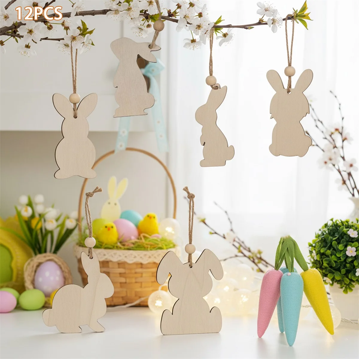 Easter Tree Hanging Decorations 12PCS Cute Bunny Sign Wooden Slices Spring Ornaments for Home Party Holiday Decor