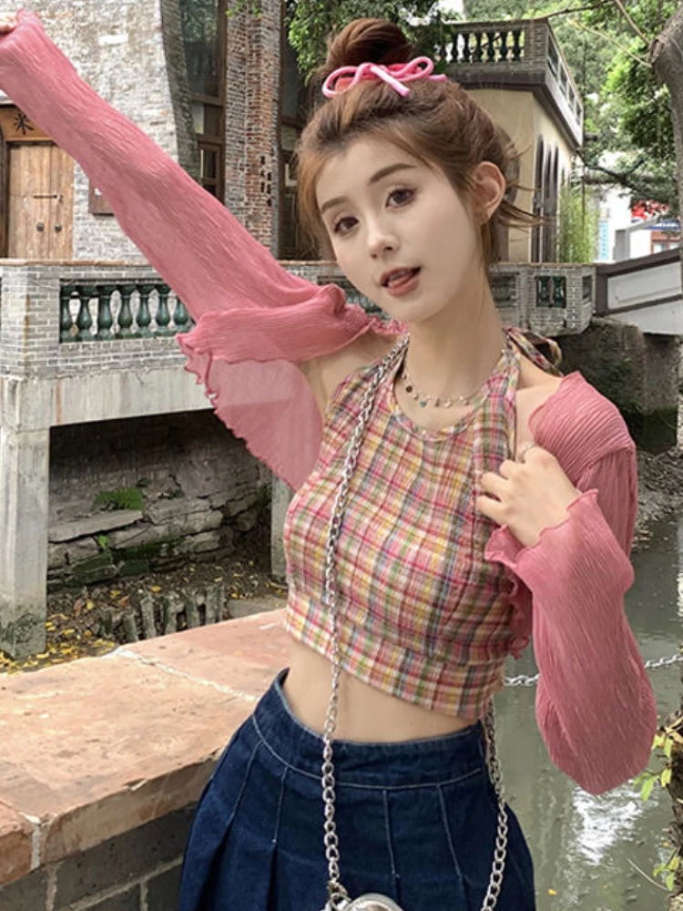 2 Pcs Sets Women Hotsweet Irregular Plaid Tanks Sun-proof Crop Jackets Summer Girls Fashion Tender Aesthetic Harajuku All-match