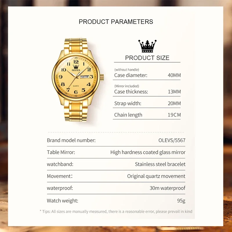 Orologio al quarzo OLEVS per uomo orologio da polso da uomo di moda Casual con quadrante doppio calendario luminoso impermeabile in acciaio inossidabile dorato di lusso