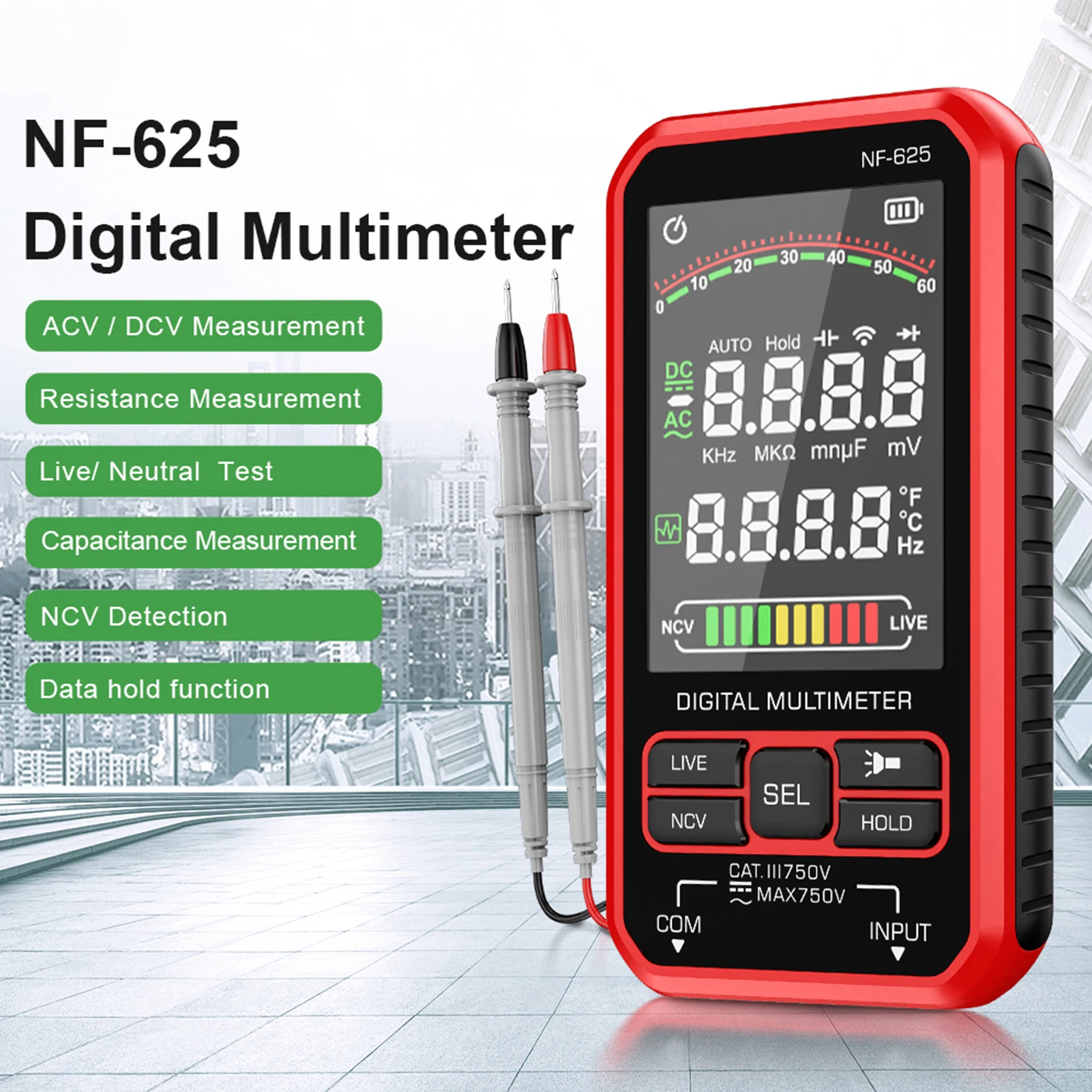 

Умный цифровой мультиметр NF-625, 6000 отсчетов, перезаряжаемый мультитестер с большим ЖК-дисплеем, тестер напряжения переменного/постоянного тока, сопротивление