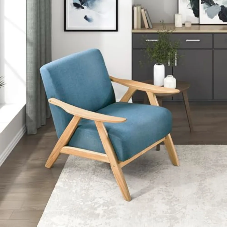 

Современное акцентное кресло середины века с каркасом из массива дерева из натуральной ткани, текстурированное кресло для гостиной, толстое и