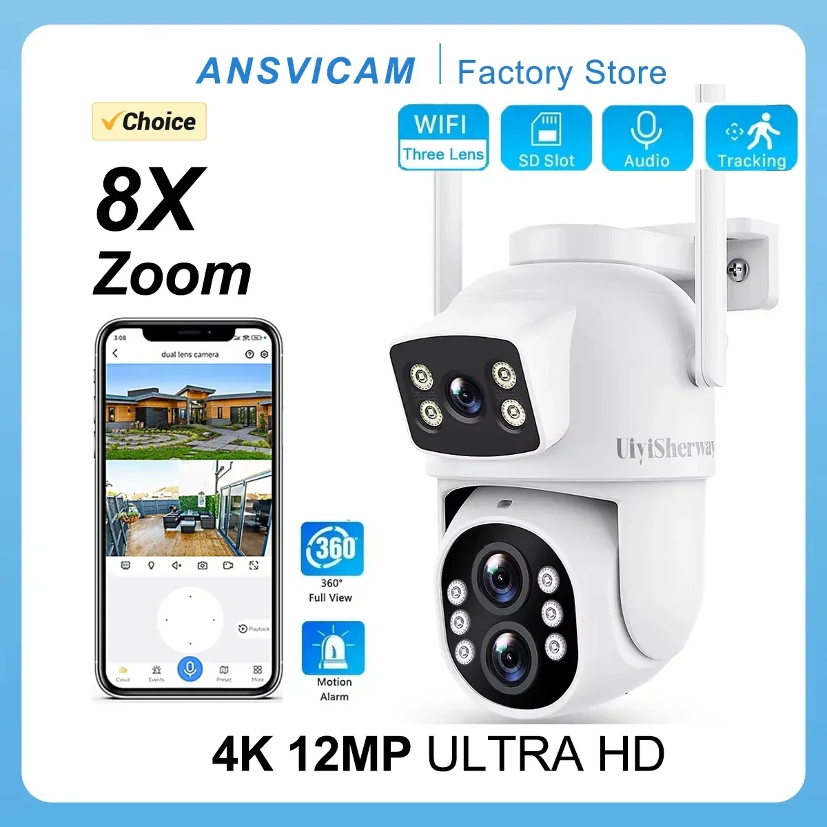 auto tracking cctv surveillance camera wifi outdoor camera triple lens dual screens seguranca aprimorada 6mp 12mp resolucao 01