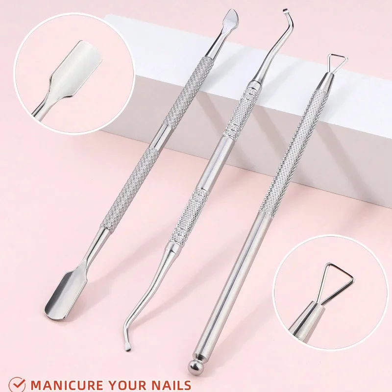 مجموعة أدوات إزالة البشرة من الفولاذ المقاوم للصدأ مكونة من 3 قطع تتضمن أداة تشذيب البشرة والجلد الميت وأداة إزالة جل طلاء الأظافر