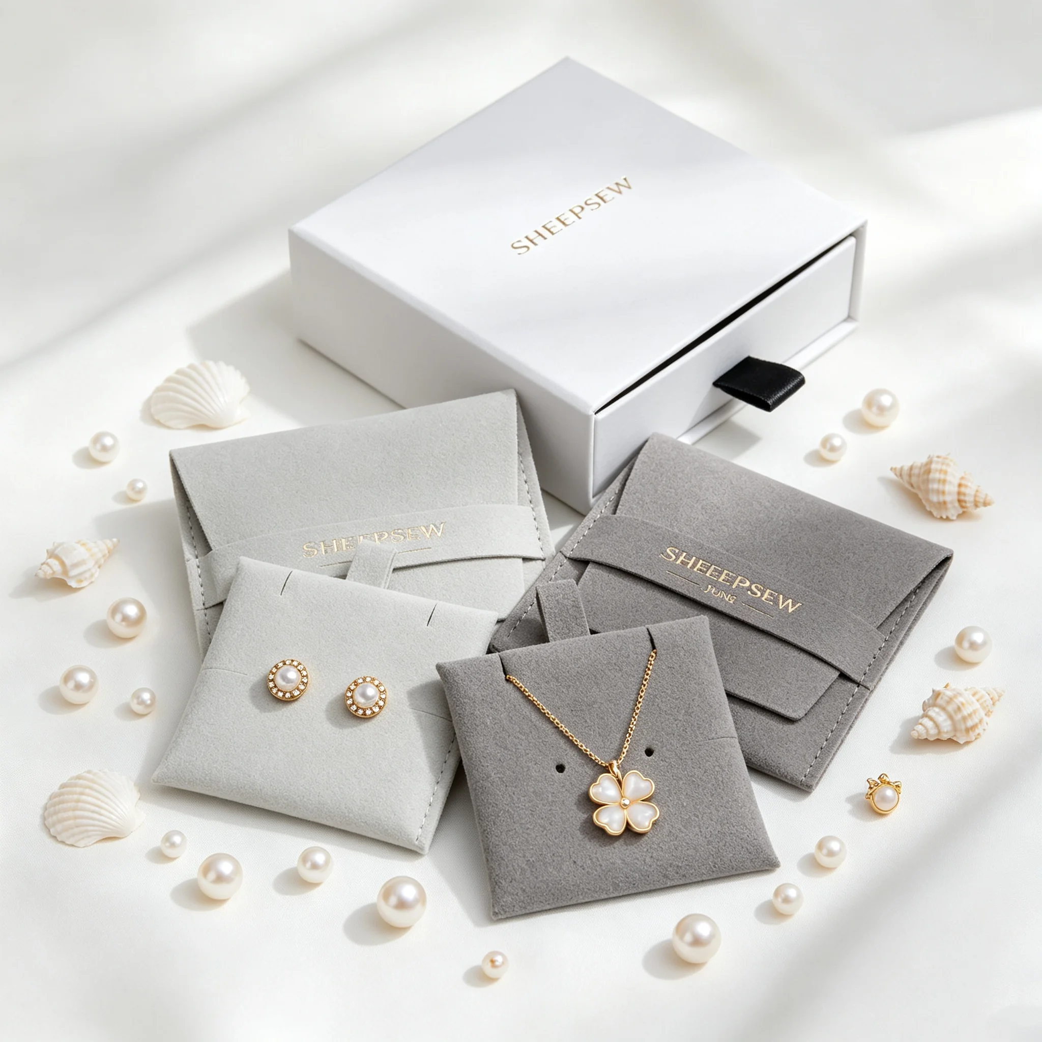 SheepSew Hot Selling Grey Microfiber Suede Custom Logo Jewelry Packaging Set With Box, Envelope Pouch & Insert Pad For Earring B
