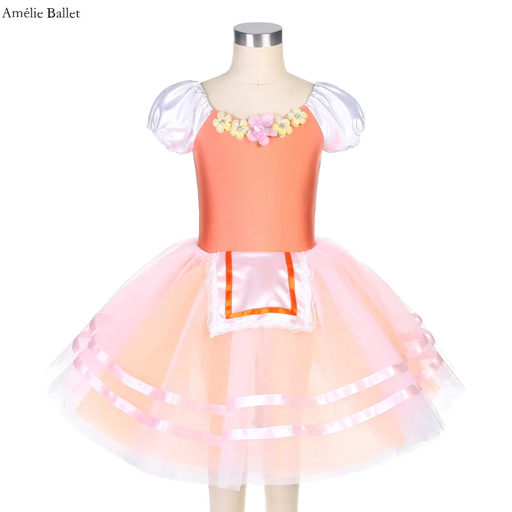 22081 Orange Spandex Bodice with Small Flower Applique Decoration Romantic Length Tutu for Girls & Women Performance Dress