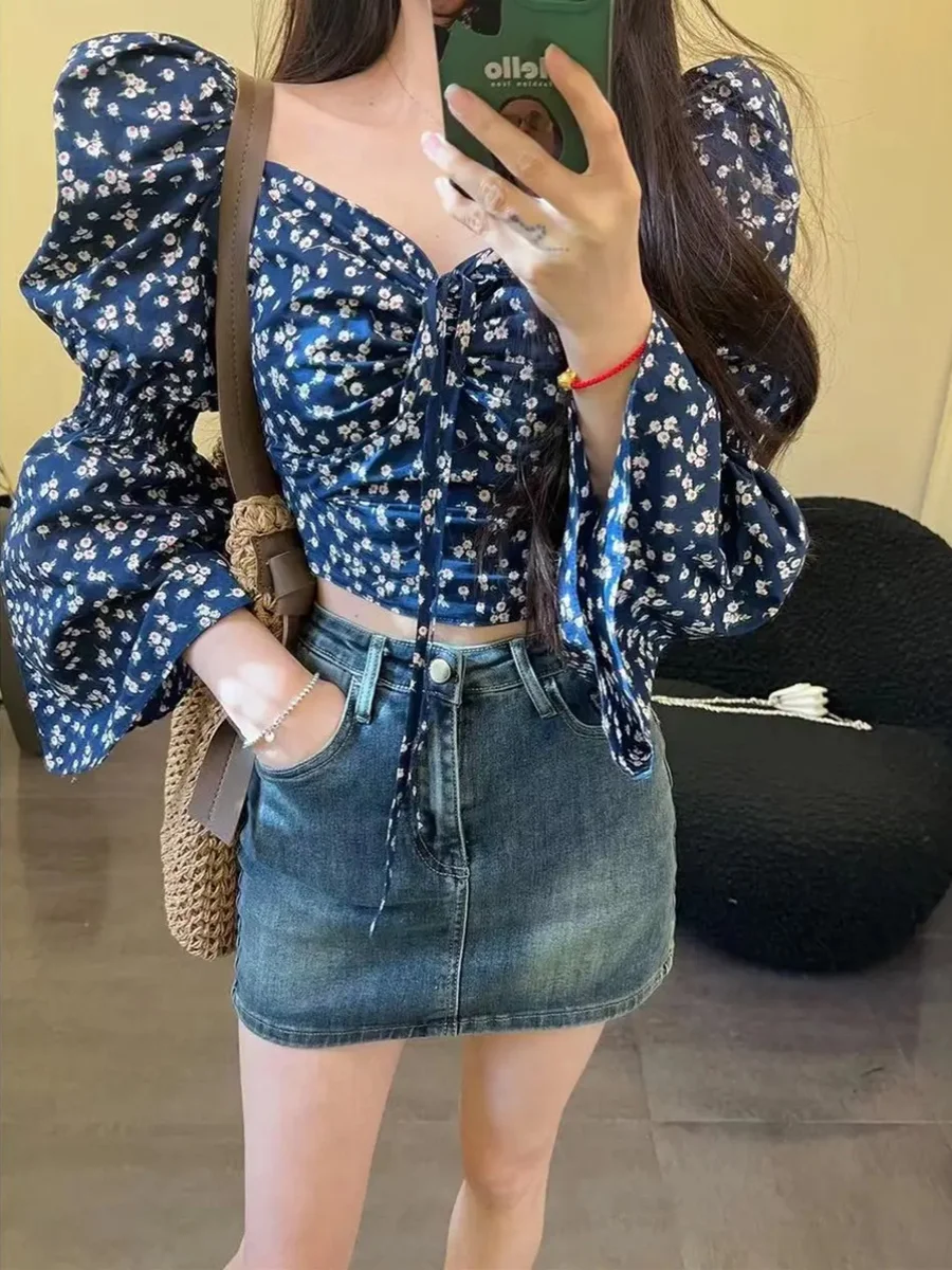 

Spring Edition Dongda Gate Square Collar Bubble Sve irt Floral Print ort Top Women's Faion Korean Sle Slim Fit Blouse