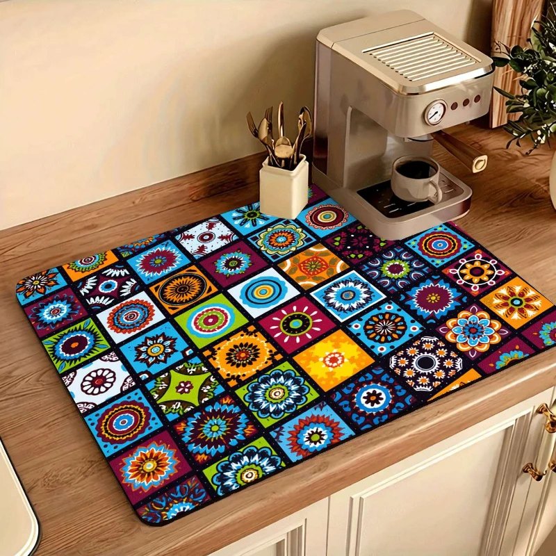 Colorful Mandala Tile Print Kitchen Drain Mat,Coffee Bar Counter,Kitchen Prep Counter,Non Slip,Quick Dry,Present