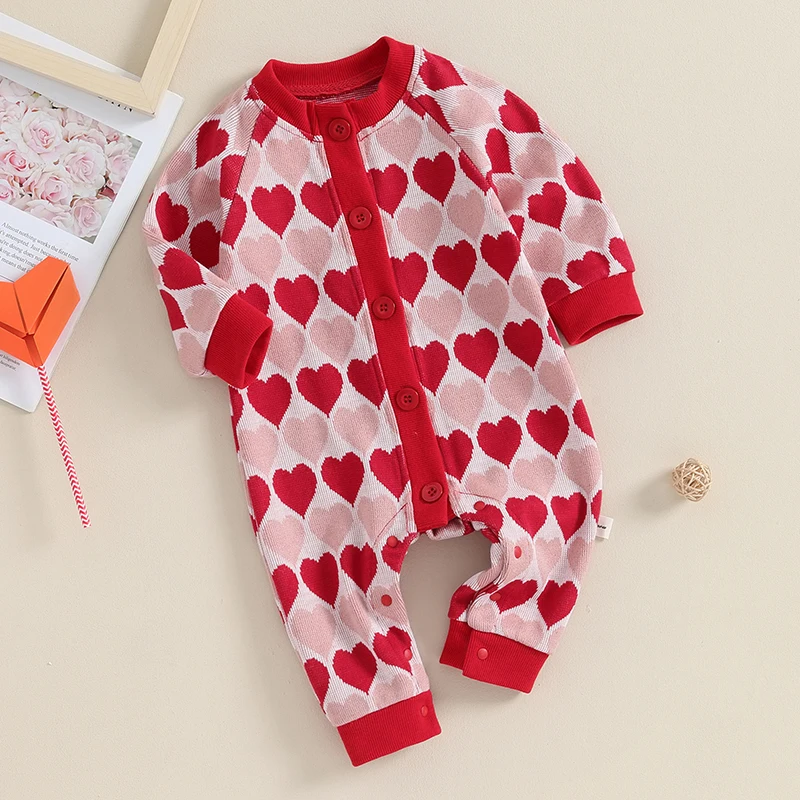 0-24Months Newborn Baby Girl Valentine’s Day Rompers Casual Long Sleeve Button Down Heart Print Jumpsuit Sweater Bodysuit