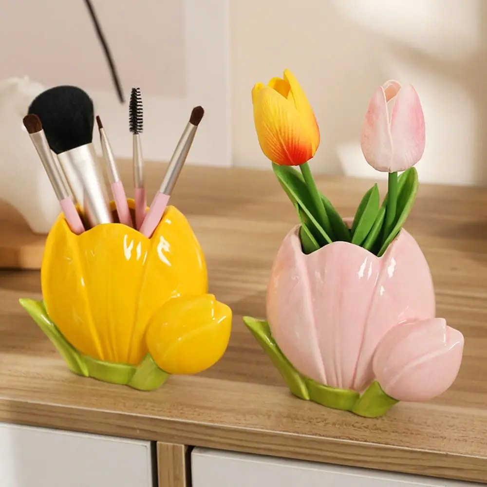 

Cute Tulip Flower Pen Holder Retro Ceramic Makeup Brush Storage Bucket Aesthetic Large Capacity Stationery Shelf School Supplies