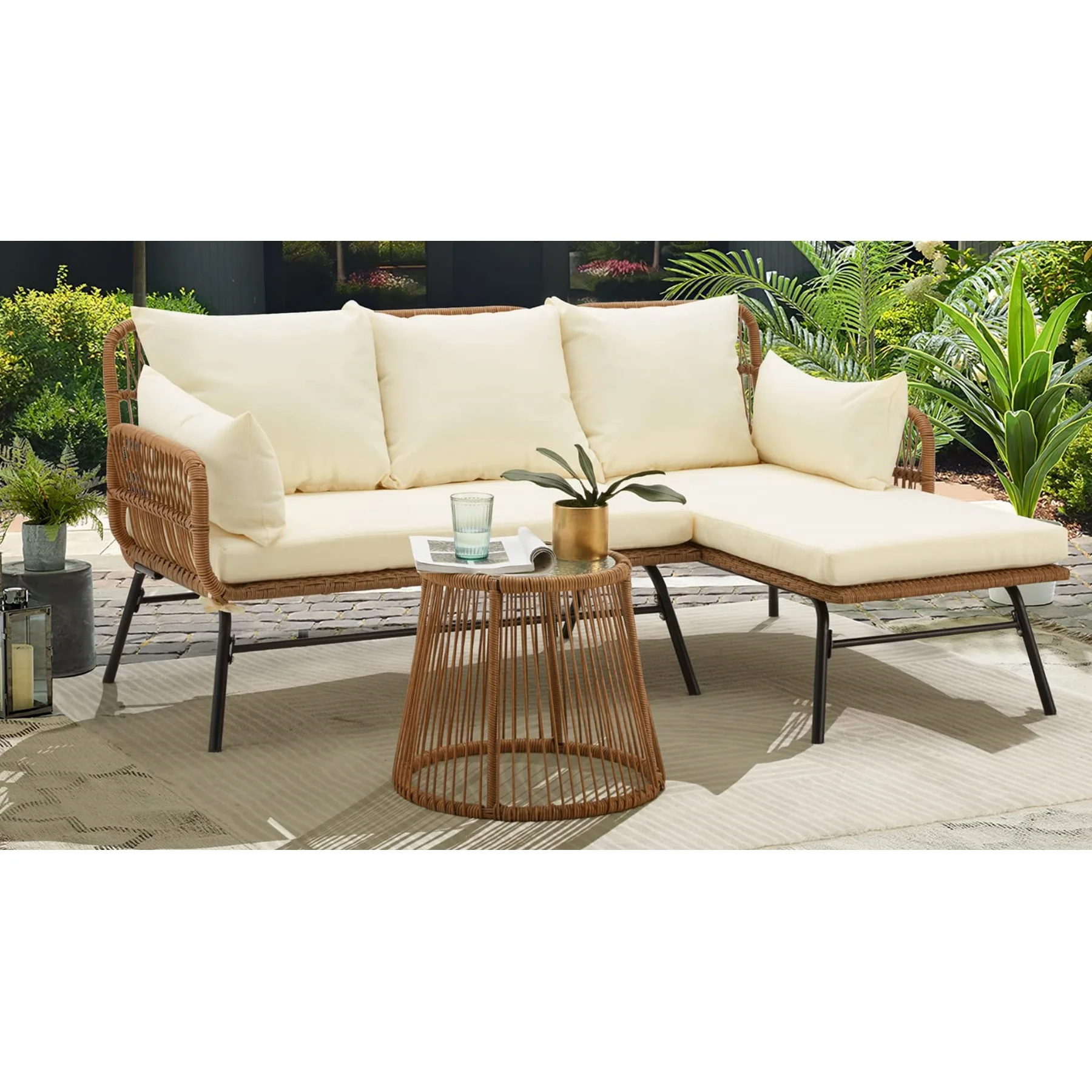 Modern Aluminum Outdoor Modular Sofa Patio Furniture Set L-Shaped All-Weather Patio Conversation Set with Table Mat