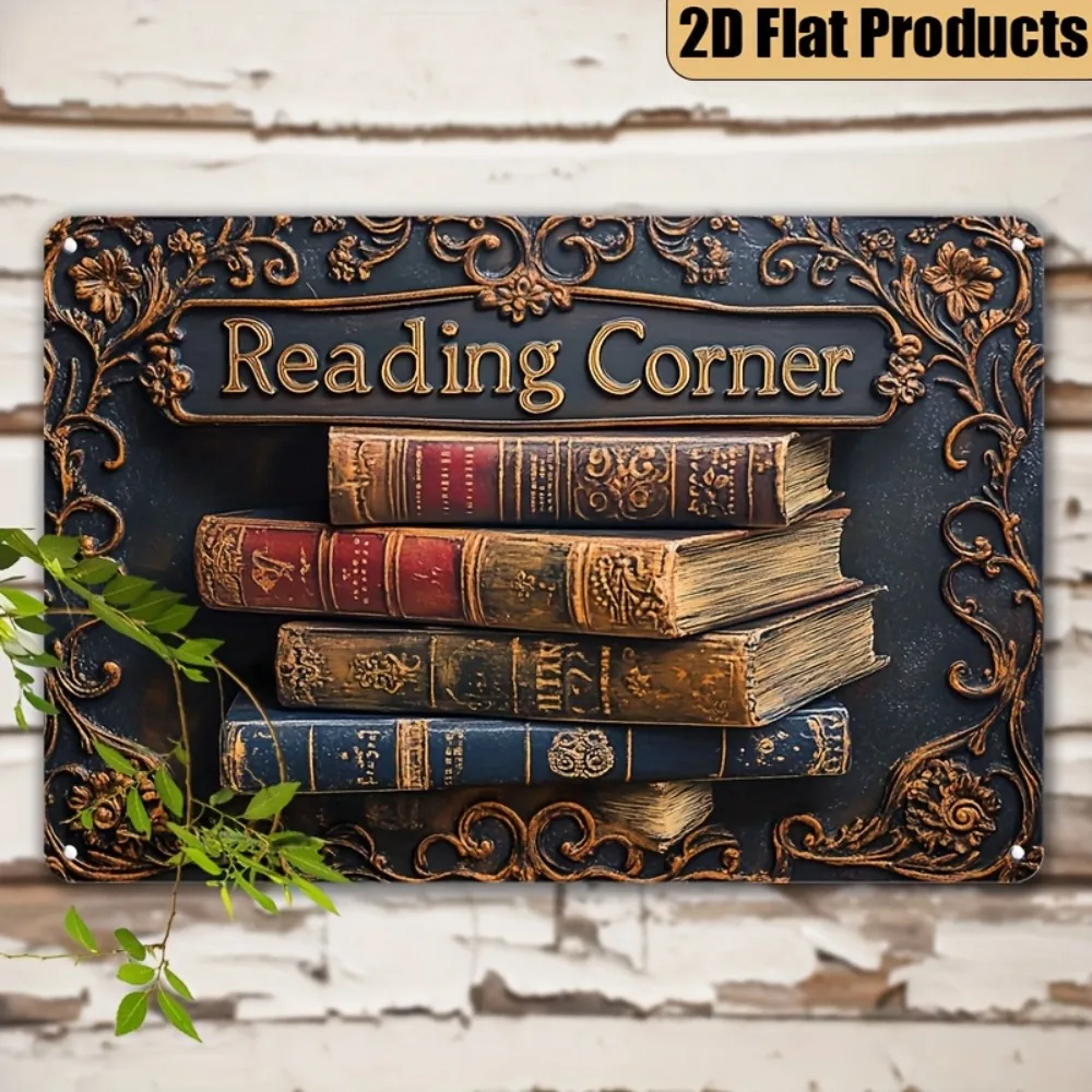 Vintage Reading Corner Metal Tin Sign, 2D Retro Library Decor Plaque, 19.99x30cm Wall Art for Home Garage