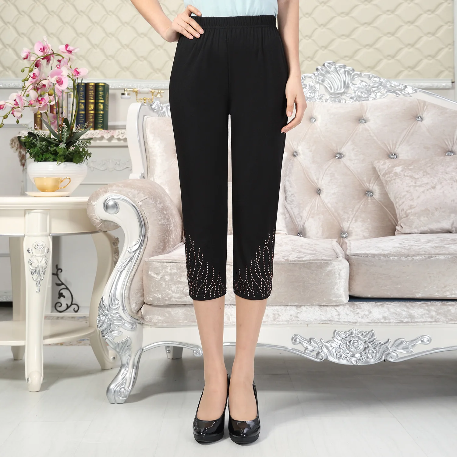 New Mid Aged and Elderly Women's Bottom Pants with Water Ripple and Hot Drilling Thin Design Plus Extra Large Outer Pants