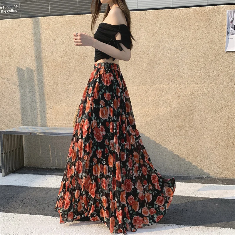 Spring Summer Floral Print Chiffon Maxi Skirt with Pockets A-Line Half-length Summer Vacation Traveling Pleated Gown