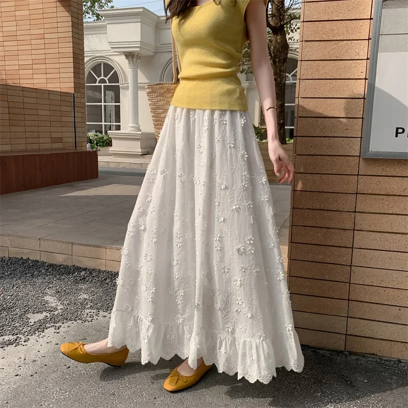 

High-End 3D Flower White Mid-Length Skirt For Women New Spring Autumn Korean Style Skirt High Waist Big Swing Long Skirt