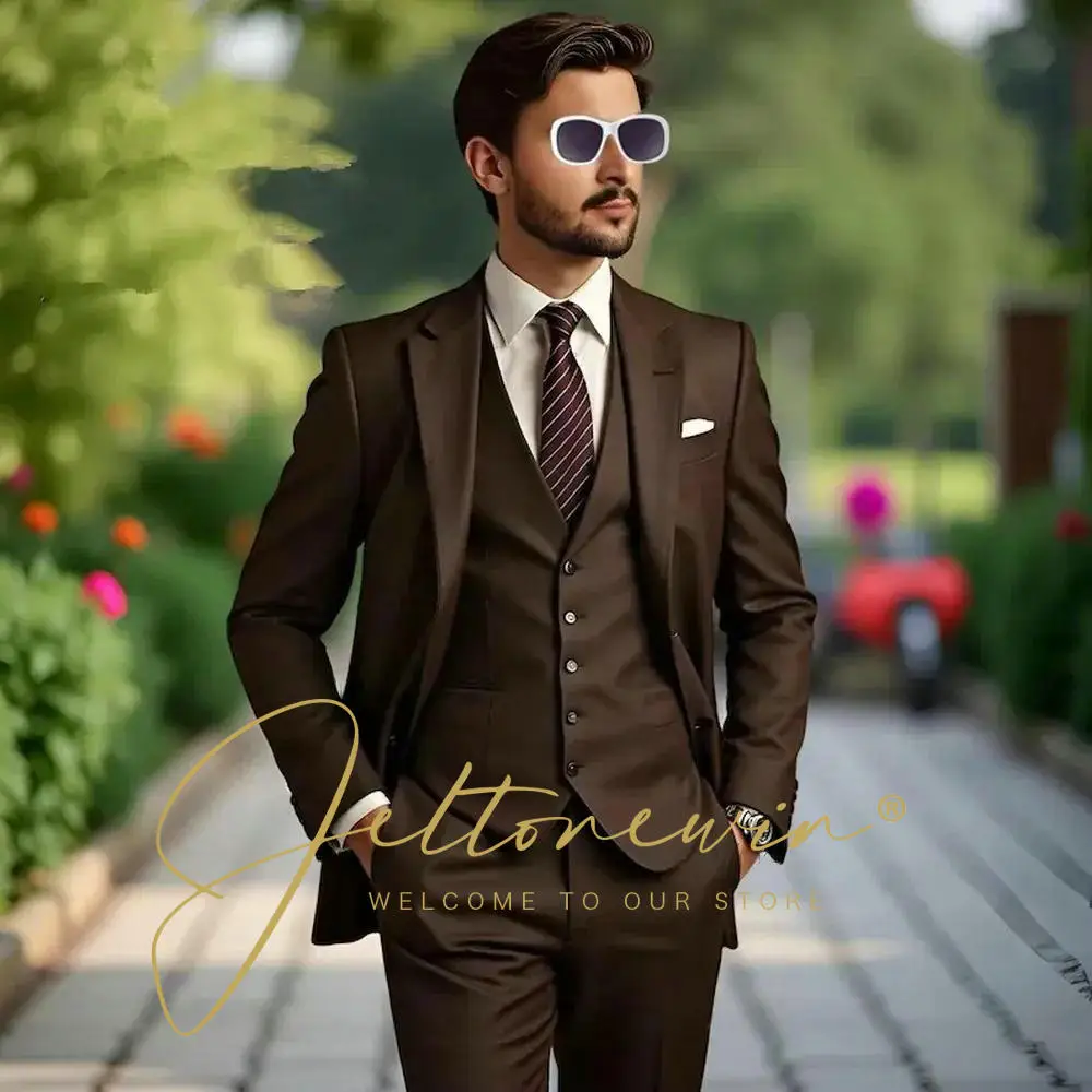 

Fashion Brown Men Suits 3 Piece Jacket Pants Vest Single Breasted Notch Lapel Formal Wedding Blazer High Quality Costume Homme