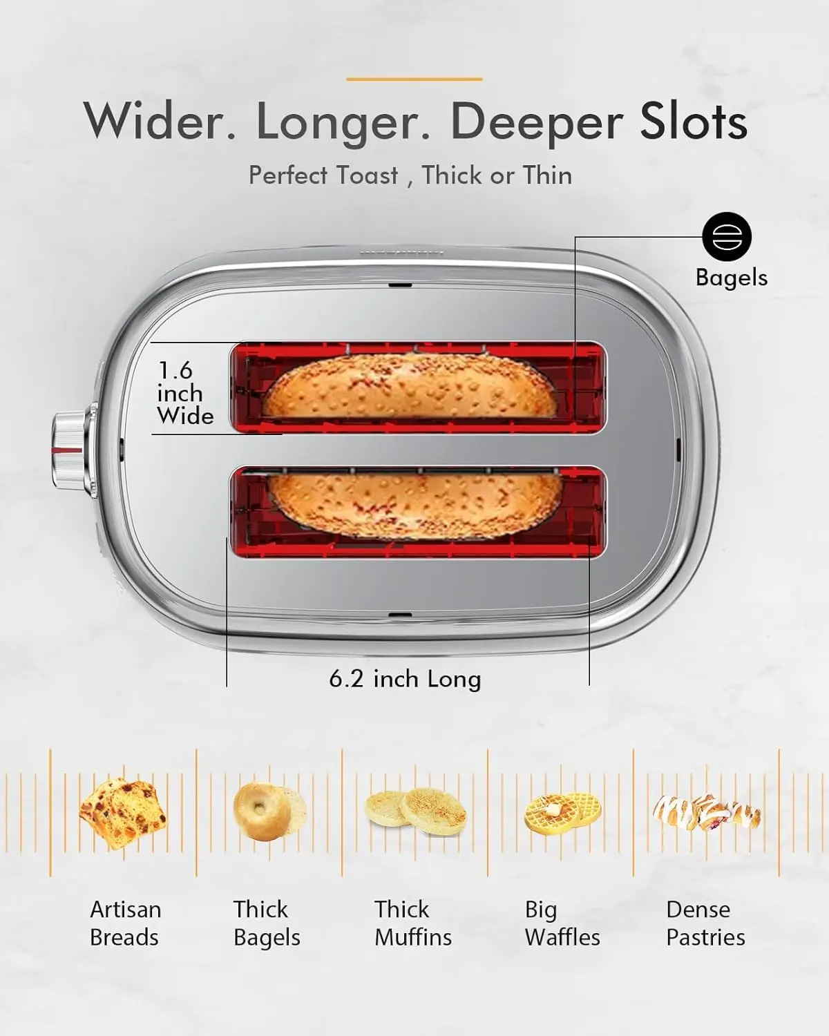 2-Scheiben-Toaster, breite Schlitze, automatische Abschaltung, 6-Schatten-Zifferblatt. Perfekt für Obstbrot, Bagels, Waffeln, gefrorene Optionen, leicht zu reinigen