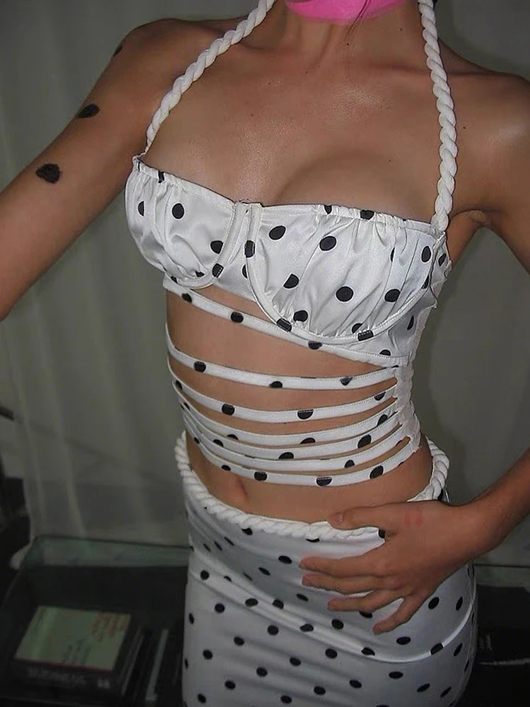 

Weird Puss в горошек с принтом, комплект из 2 предметов, женский коса с лямкой на шее, бретелька в полоску + средние юбки, простая уличная одежда, одинаковые наряды