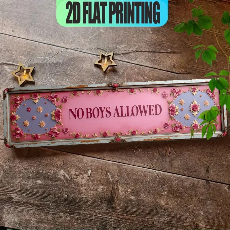 Tin Sign No Boys Allowed 2D Flat Printing Pink Floral Rose Themed Vintage Metal Wall Decor for Girls Bedroom Nursery Playroom Re