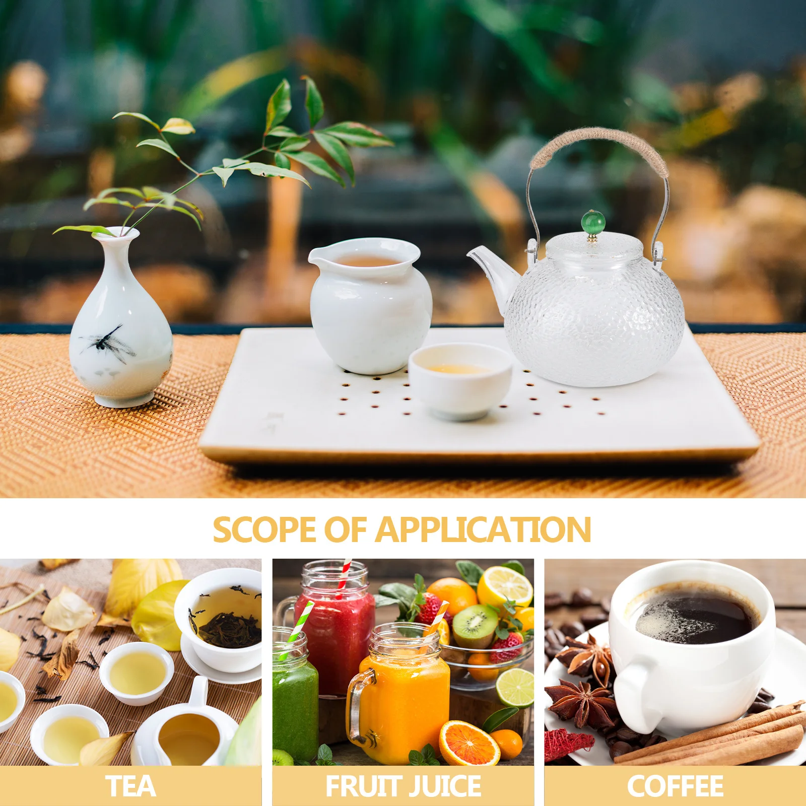 

1Pcs Hammer Pattern Copper Handle Steaming Tea Pot 1200Ml High Temperature Resistant Green Bead Lid Glass Teapot Clear Steam