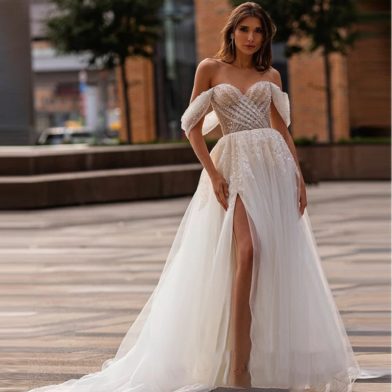 

Glitter Wedding Dress Organza With Embroidery Bead A-Line Floor Ball Gown Beach Sleeveless Customized Bride Robe De Mariee ﻿ ﻿