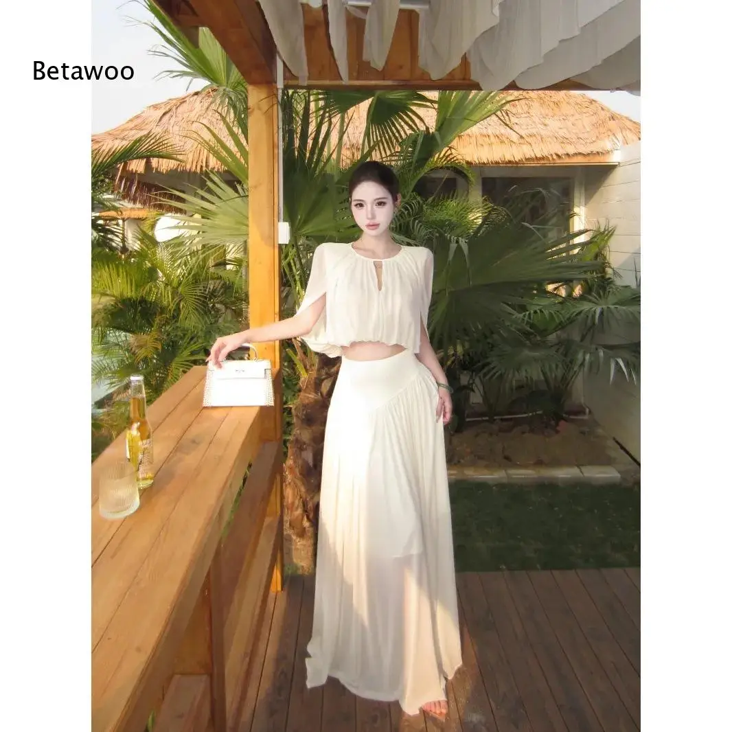 Keyhole Neck Crop Top Maxi Skirt Two Piece Set Women Cape Sleeve Chiffon Vacation Outfit