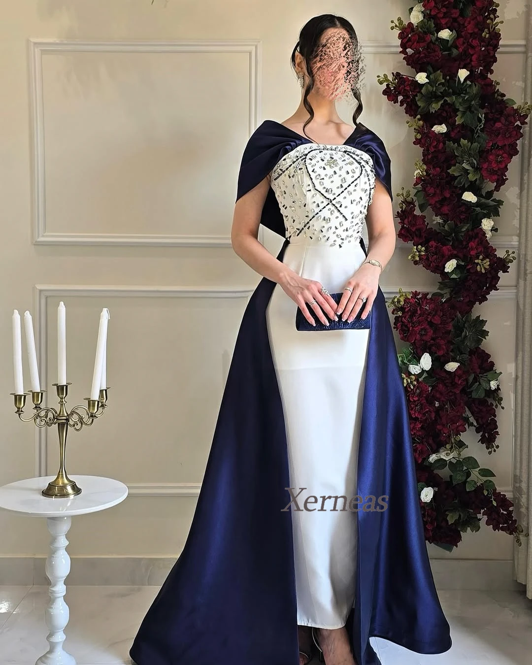 Customized Beaded Crystal Evening Dresses Women Luxury Party Dress Sheath Elegant Long Cocktail Gowns Navy Blue