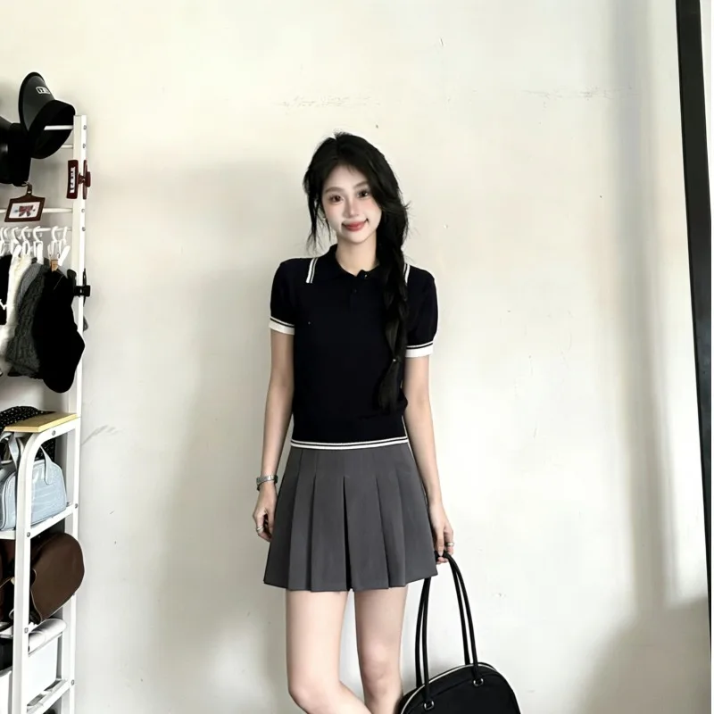 

Korean Style Short Sleeve Neck Knitted Top And Skirt Two Piece Set Women's Fashion Summer Outfit High Waist Skirt
