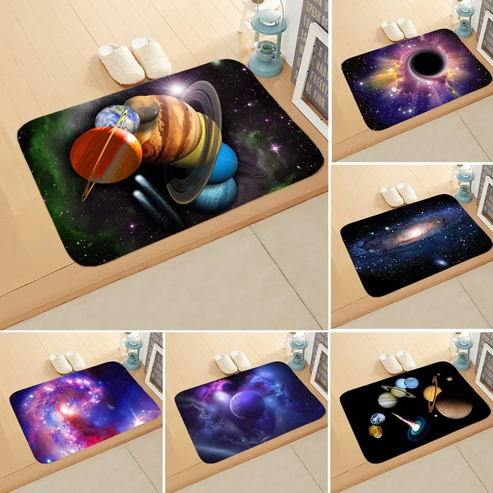 Galaxy Themed Flannel Doormats Stunning Universe Designs with Nebulas Black Holes Planets Soft Floor Mats for Decor Enthusiasts