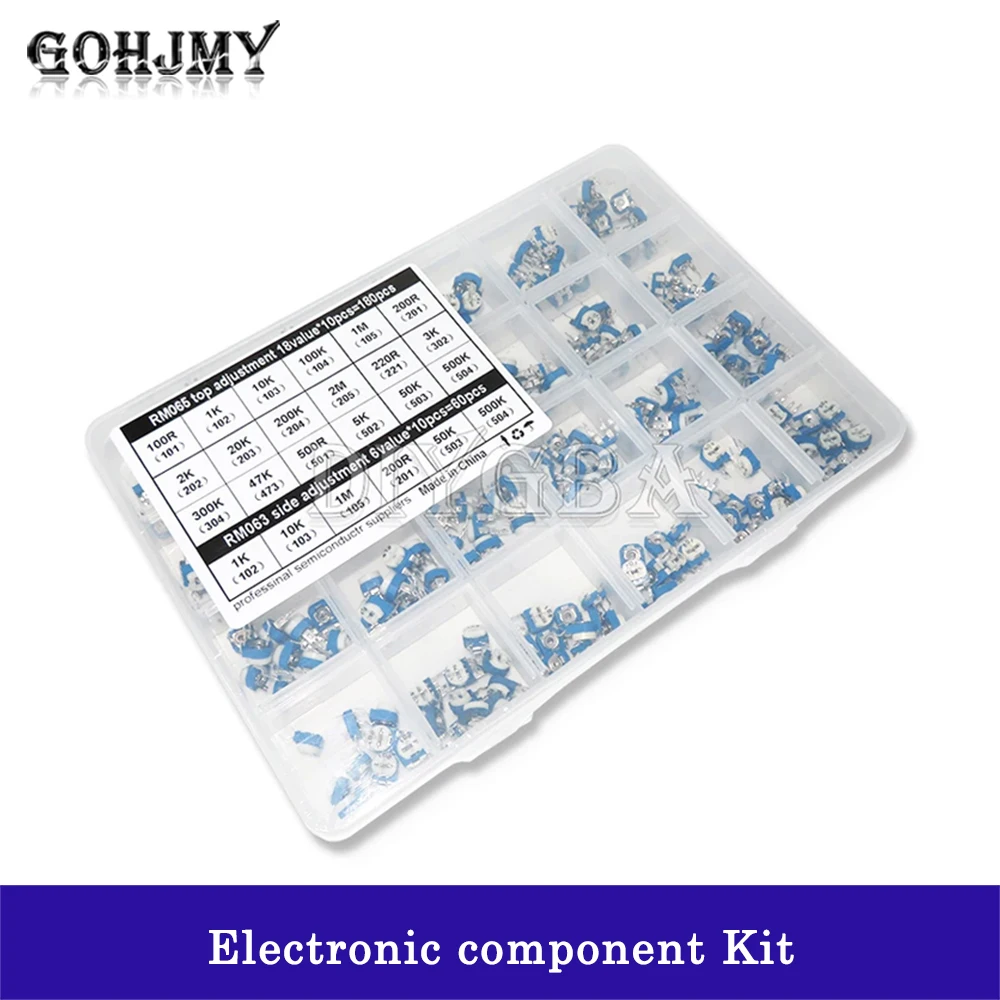 24Values RM065 240PCS/Set 100R - 2M RM063 Carbon Film Horizontal Trimpot Potentiometer Assortment Kit Variable Resistor