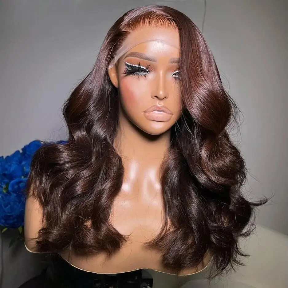 Glueless Soft 28'' Brown Body Wave 200 Density 5x5 Silk Base Jewish Human Hair Wig With BabyHair HD European Hair Preplucked Wig