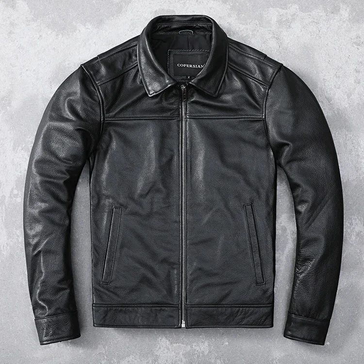 Free natural.Promoción.Dermis Mens casual black genuine leather jacket.slim business cowhide coat.plus father's cloth.