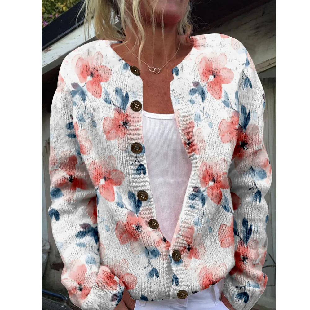 

Осень-зима вязаный милый кардиган с цветочным принтом, свитер, уличная одежда, женские свитера, вязаный топ, повседневные крутые джемперы, модные