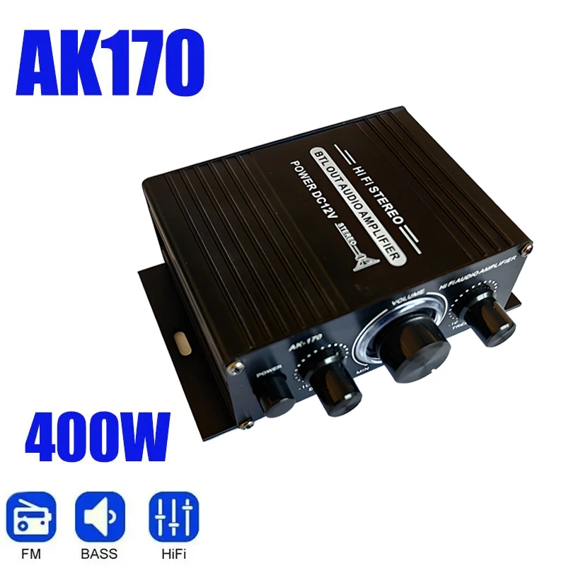 AK170 Mini Digital Power Audio Car Amplifier Blue Light Stereo Audio Amplifier for Home Theater Club Party Music 200Wx2 Power