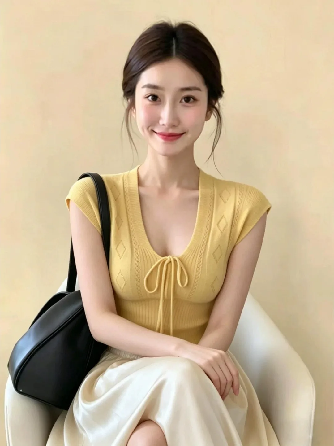 Women's Soft U-Neck Belted Short Sleeve Knitwear Slim Fit Waist Cinched Summer New Style Korean Style Breathable Casual Top