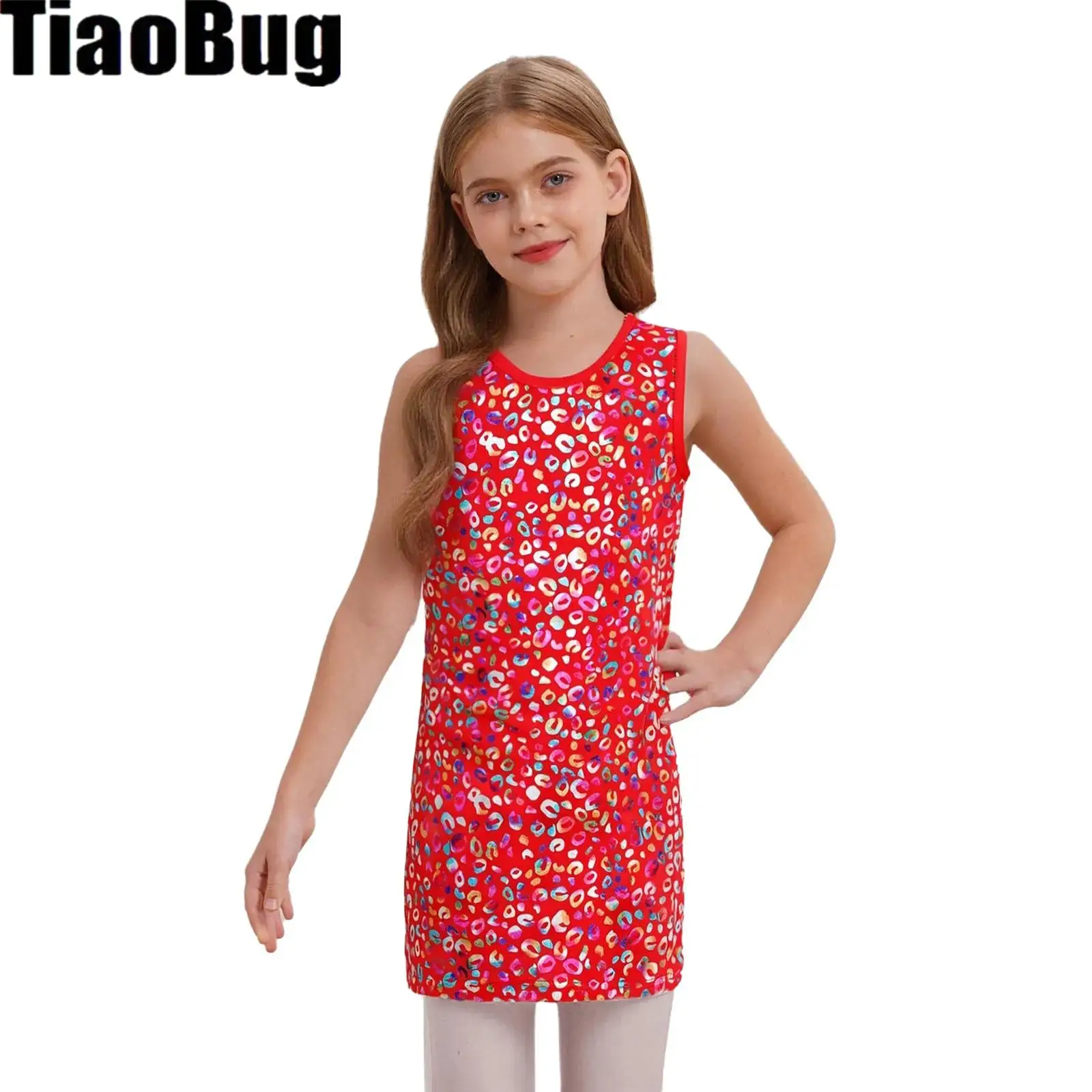 

Kids Girls Jazz Dance Dress Metallic Round Neck Sleeveless Tank Dress for Stage Performance Leopard Costume