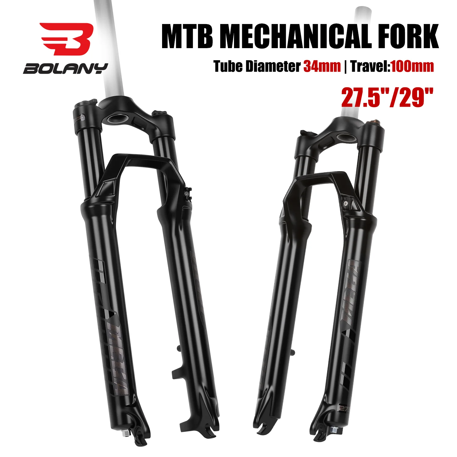 

BOLANY 26/27.5/29 Inch Mechanical Fork 9x100mm Quick Release Suspension Fork Straight 34mm Tube MTB Fork Disc Brake Bicycle
