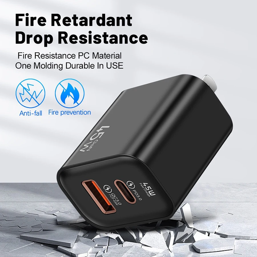 45W GaN Fast Charger Dual Port USB C PD3.0 QC3.0 Quick Charging Block Fireproof PC Wall Adapter For Smart Mobile Phones