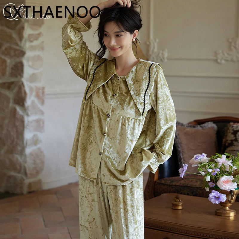 

SXTHAENOO High grade warm home wear Solid Color Sleepwear Suits comfortable cardigan nightgown Girls winter long Sleeve Pajamas