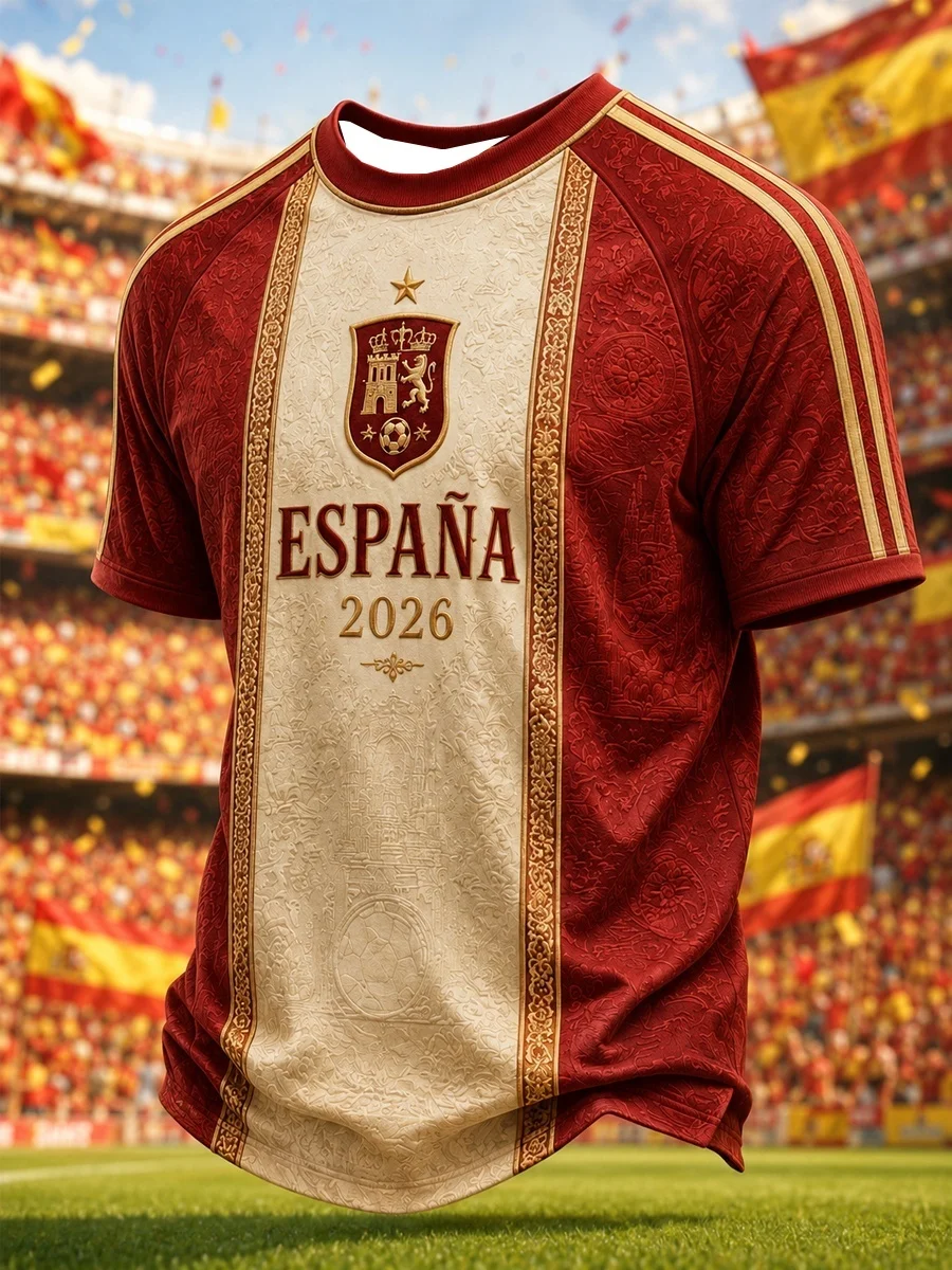 Camiseta Deportiva Casual para Hombre, Diseño Retro 3D con la Bandera de España 2026, Estilo Fútbol, Secado Rápido
