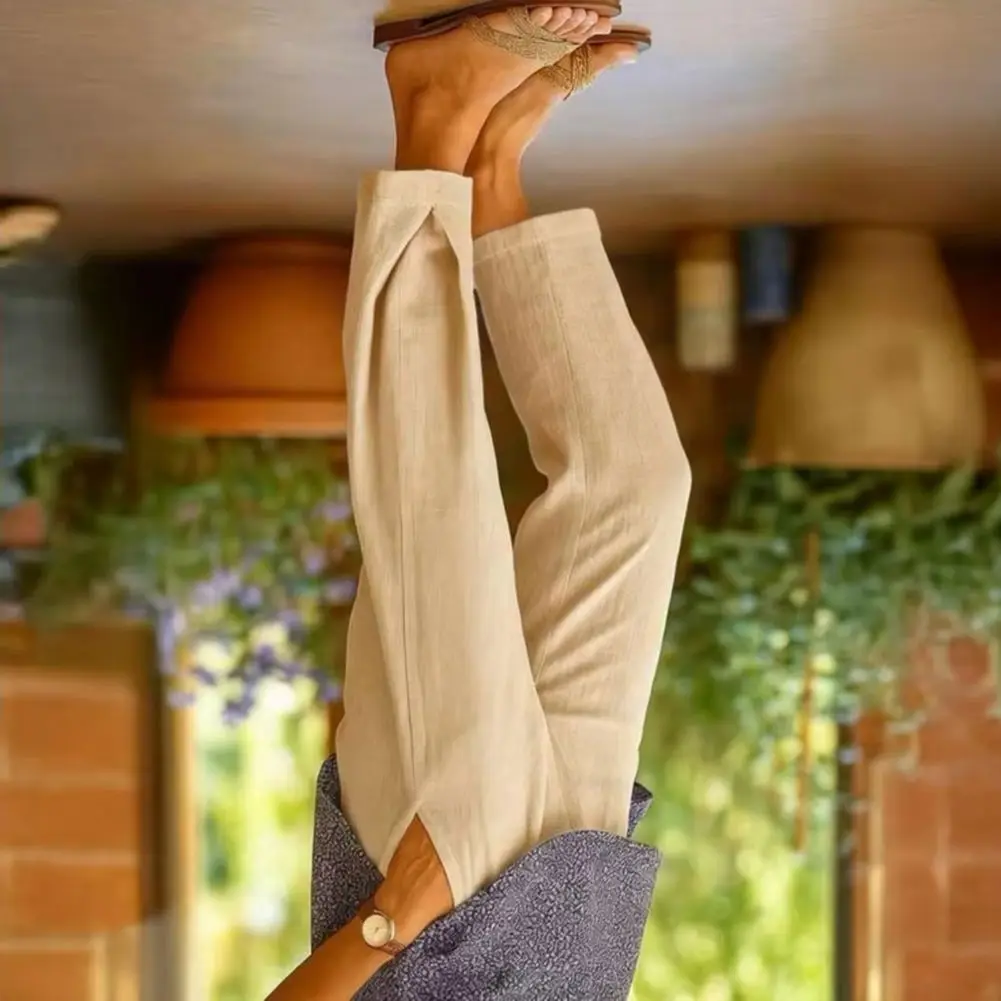 

2026 Women Pants Mid-rise Elastic Waist Solid Color Casual Trousers with Pockets Loose Fit Leisure Pants Work Women's Clothing