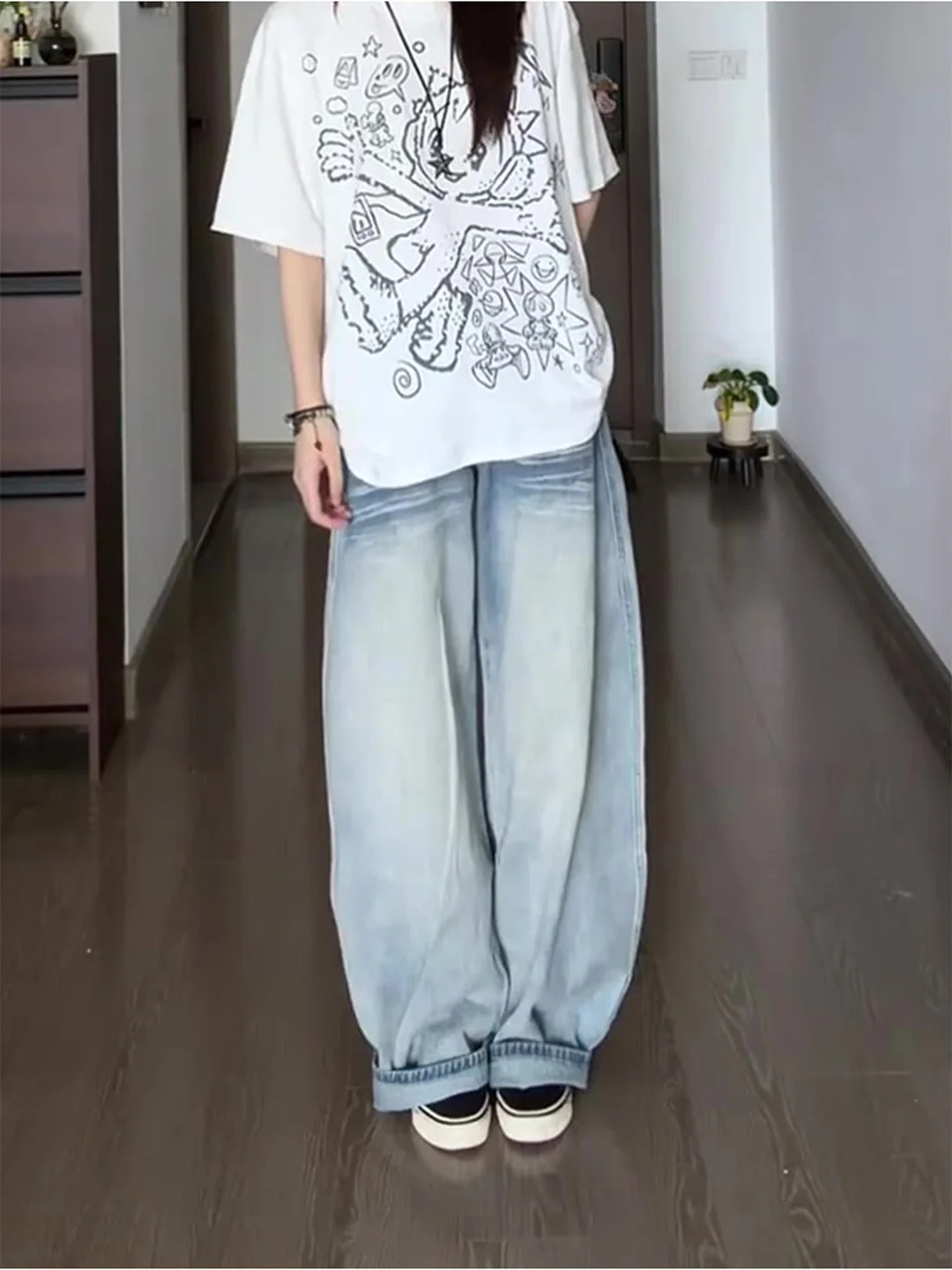 

High Waist American Style Retro Denim Jeans Women's Summer New Lazy Style Thin Wide Leg Pants Floor Length Washed Effect