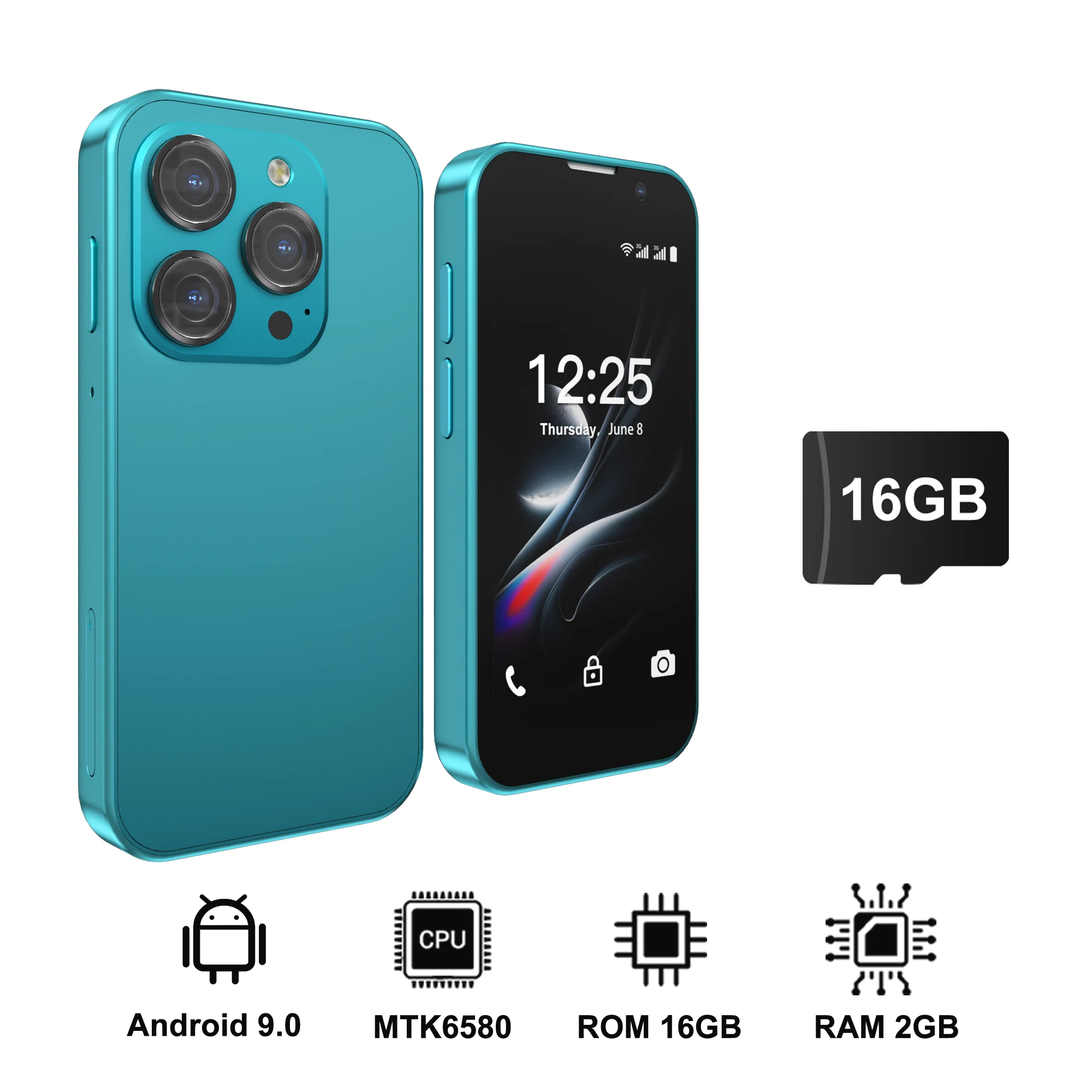 SERVO 3G Super Mini Smartphone Android 9.0 OS 2GB+16GB Gezichtsontgrendeling Play Store WiFi Hotspot 2 SIM Standby 3.0" Kleine Smartphones