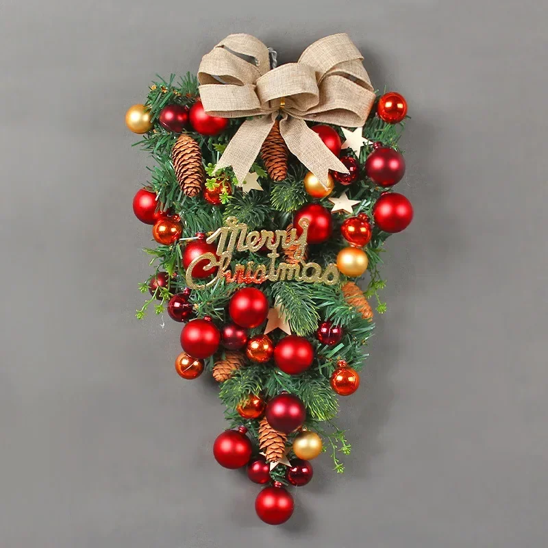 Christmas Front Door Hanging Wreath Xmas Tree Garland Red Ball Bow Pine Cone Rattan Ornament Pendant Window New Year Decoration