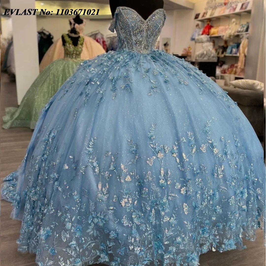 EVLAST Personalizado Azul Lantejoulas Quinceanera Vestido de Baile Applique Frisado Cristal Em Camadas Doce 16 Vestidos De 15 Anos SQ749