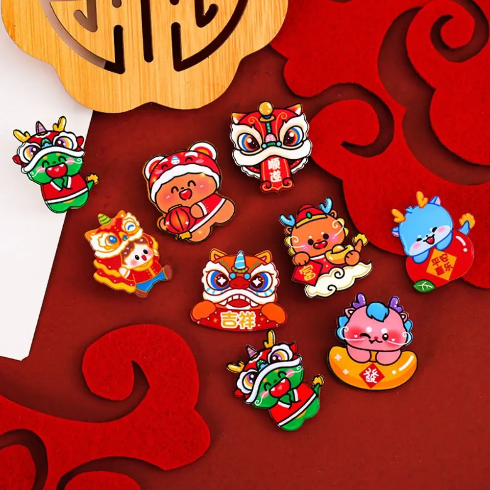 

Cartoon Lucky Acrylic Spring Festival Pin Loong Dancing Lion New Year Badge Kawaii Breastpin Lion Dance Brooch Party