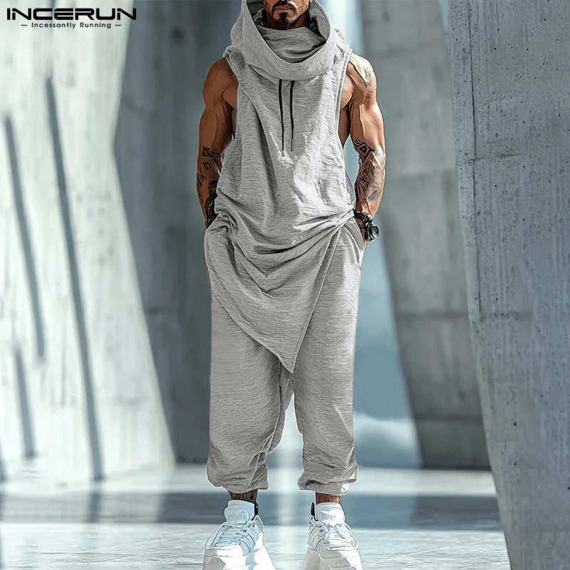 Stylish New Men's Sets INCERUN 2024 Sleeveless Sweatshirt Pant Casual City Walk Male Pile Neck Irregular Hem Suit 2 Pieces S-5XL