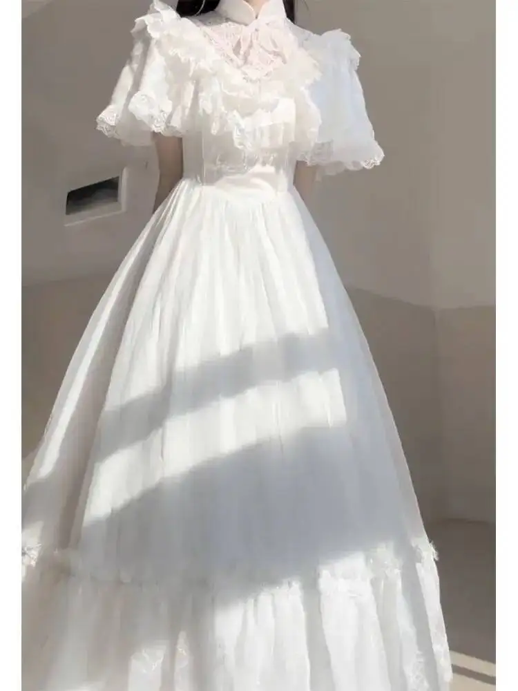 كوس استراحة الشاي الفرنسية لطيف نمط الأبيض فقاعة كم فستان الأطفال الصيف فستان الأميرة الأبيض فستان خمر القديمة