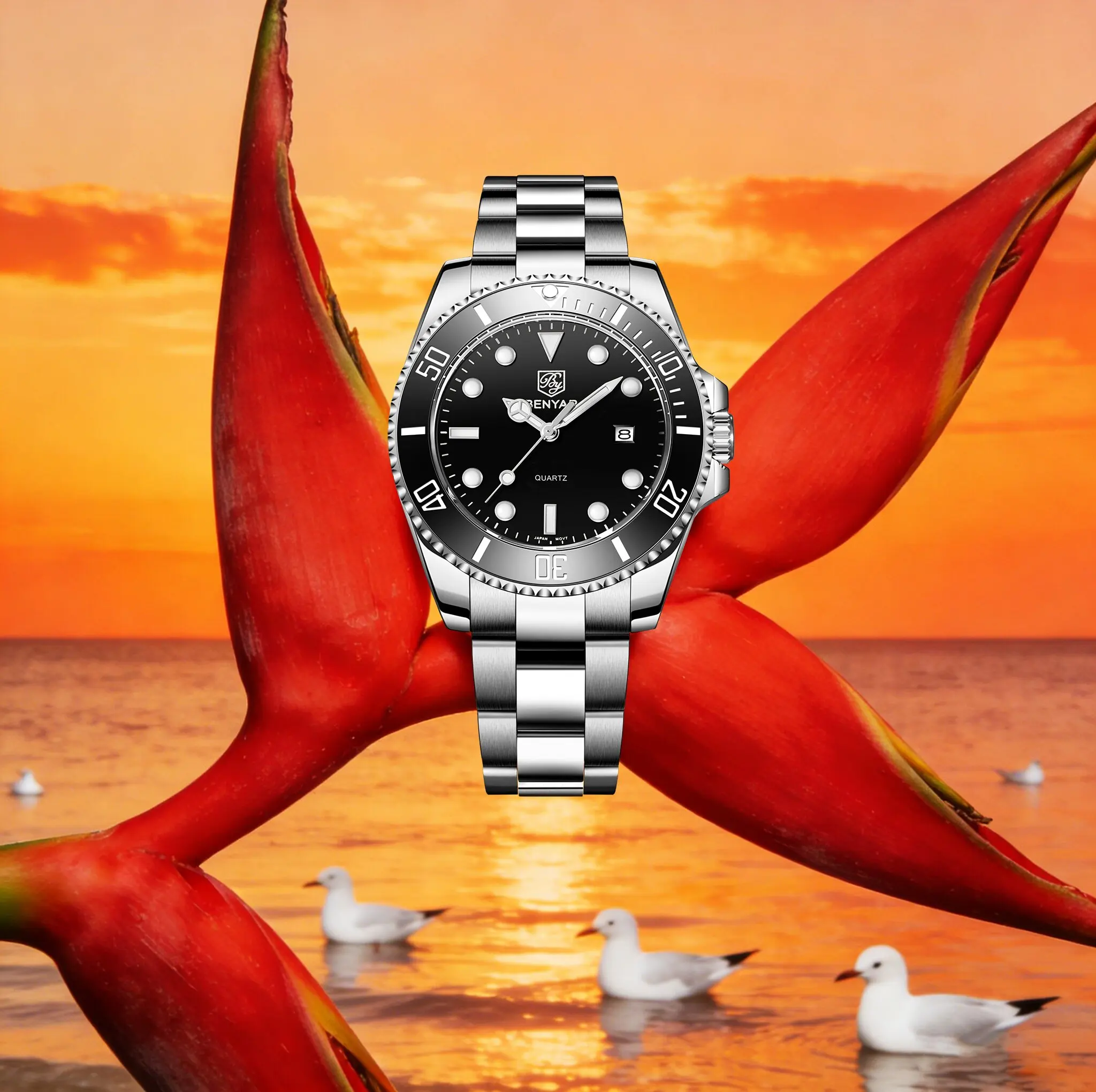 BENYAR Luxury Elegant Men's Quartz Watch Gentleman's Choice Stainless Steel 2115 Hardlex Luminous Calendar 30m Waterproof Clock