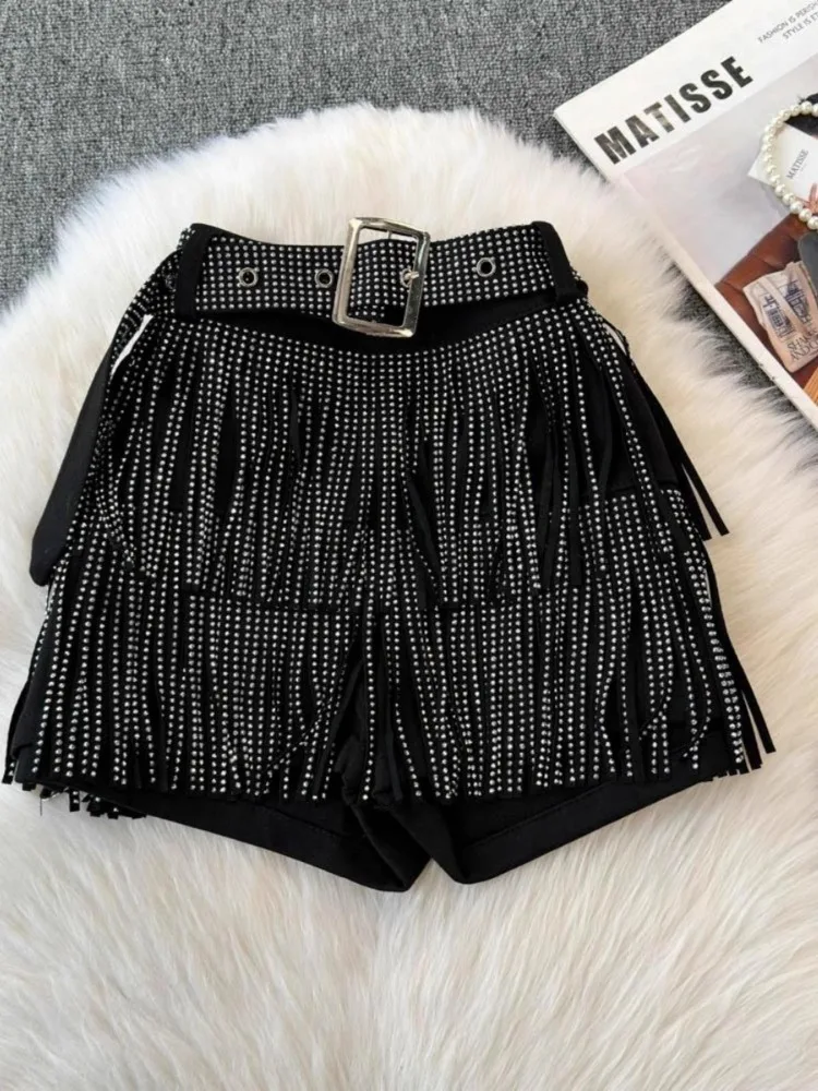 Fashion Y2k Tassel Shorts New Black Diamond Korean Sexy High Waist Trendy Party Night Shop Costume Dance Hot Pants Women