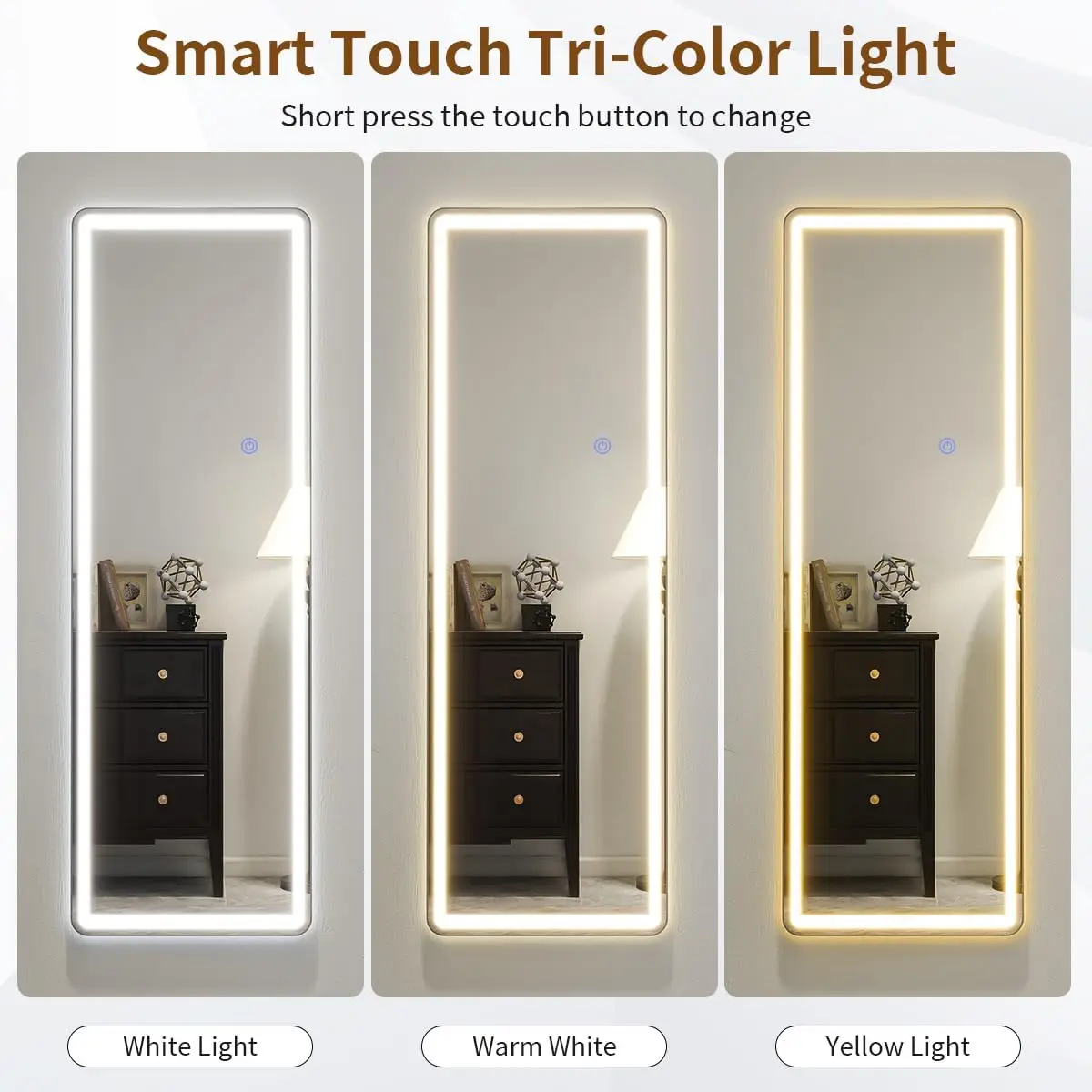 Miroir de porte à LED pleine longueur, miroir de sol 4.2 autoportant avec tactile, miroir complet à cône arrondi avec lumières, 16x48